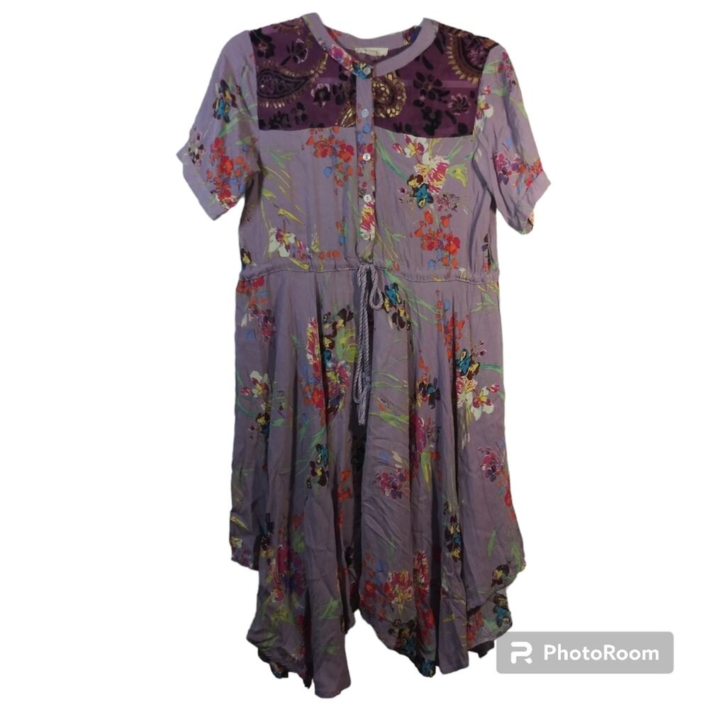 ODDY Purple Floral Asymmetrical Short Sleeve Dress Size Small